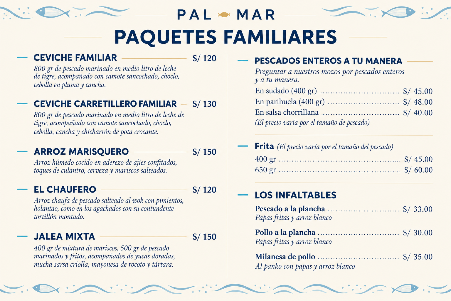 Menú Marinero de Paquetes Familiares PalMar